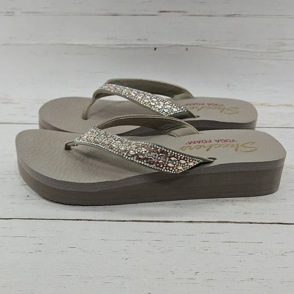 Skechers Vinyasa Glory Day Womens 10 Taupe Jeweled Platform Thong Sandals 31619 - Picture 4 of 11